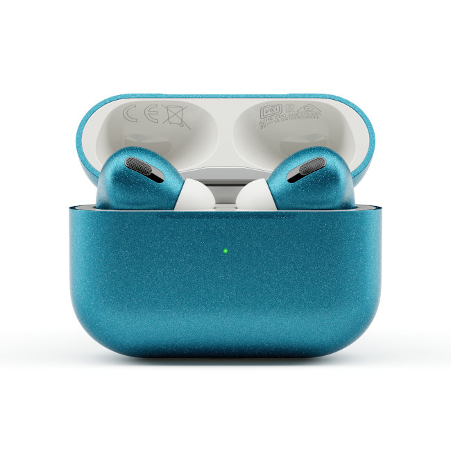 AirPods colored Ocean Blue Matt with AirPods inside the case
